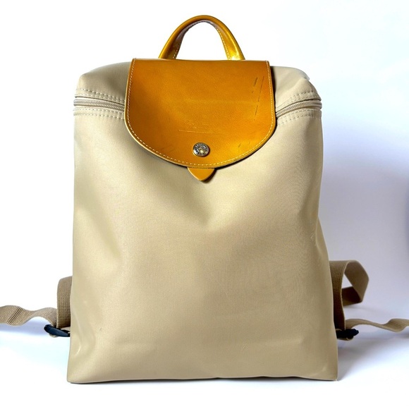 Vintage Longchamp Le Pliage Backpack – Tan Nylon & Leather Foldable Bag - Picture 1 of 12